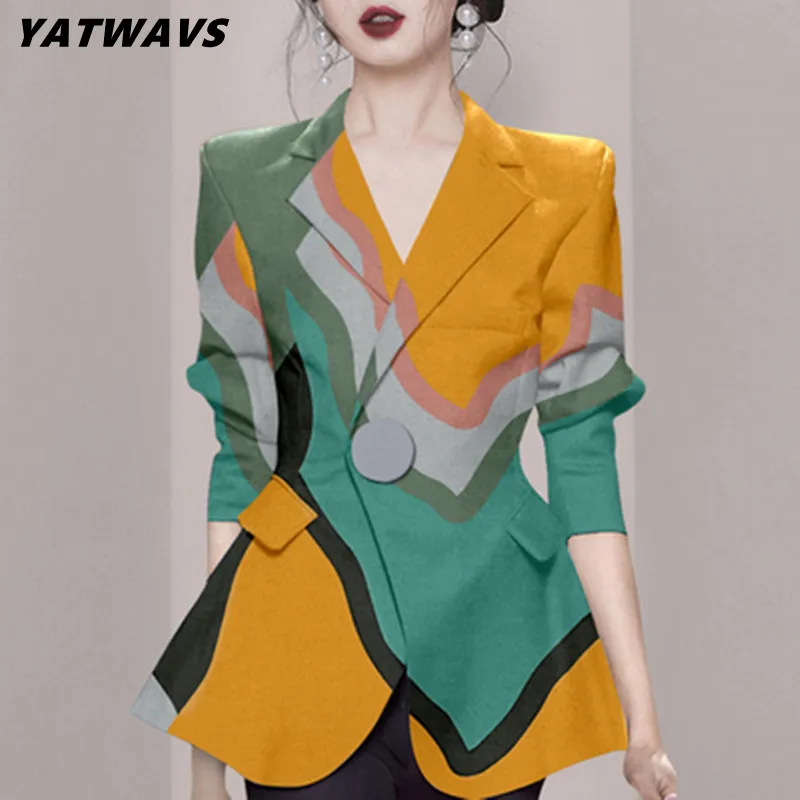 Temperament Women Printing Jacket Ladies Fashion Notched Suit Coats Top Spring Designer Long Sleeve Occupation Outwears 
Temperament Women Printing Jacket Ladies Fashion Notched Suit Coats Top Spring Designer Long Sleeve Occupation Outwears