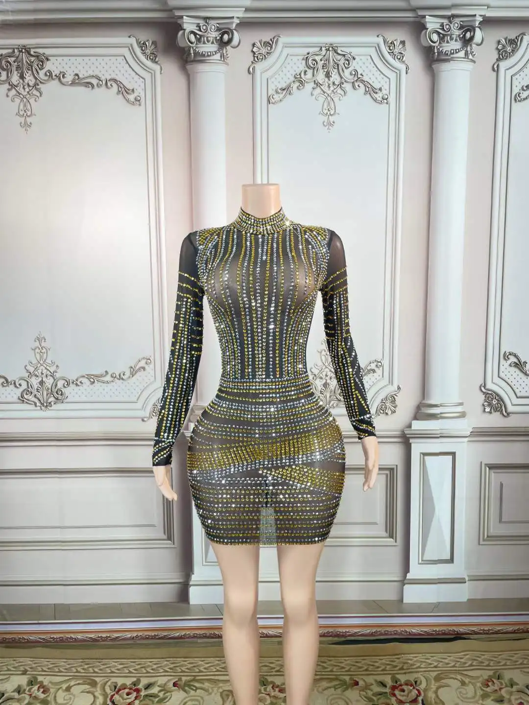 

Sheer Long Sleeve Mini Short Dress Stunning Gogo Singer Women Dresses Drag Queen Outfit Stage Wear Las Vegas Showgirl Clubwear