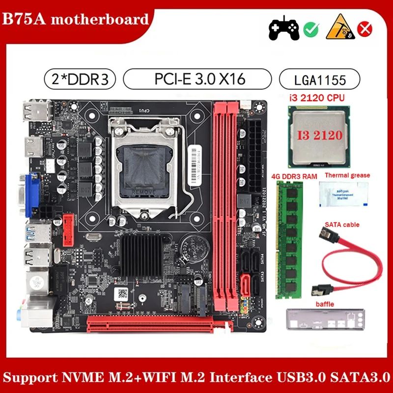 1Set B75A (B75) Motherboard+I3 2120 CPU+4G DDR3 1600Mhz RAM+Thermal Grease+SATA Cable+Baffle LGA1155 2XDDR3 Slot
1Set B75A (B75) Motherboard+I3 2120 CPU+4G DDR3 1600Mhz RAM+Thermal Grease+SATA Cable+Baffle LGA1155 2XDDR3 Slot