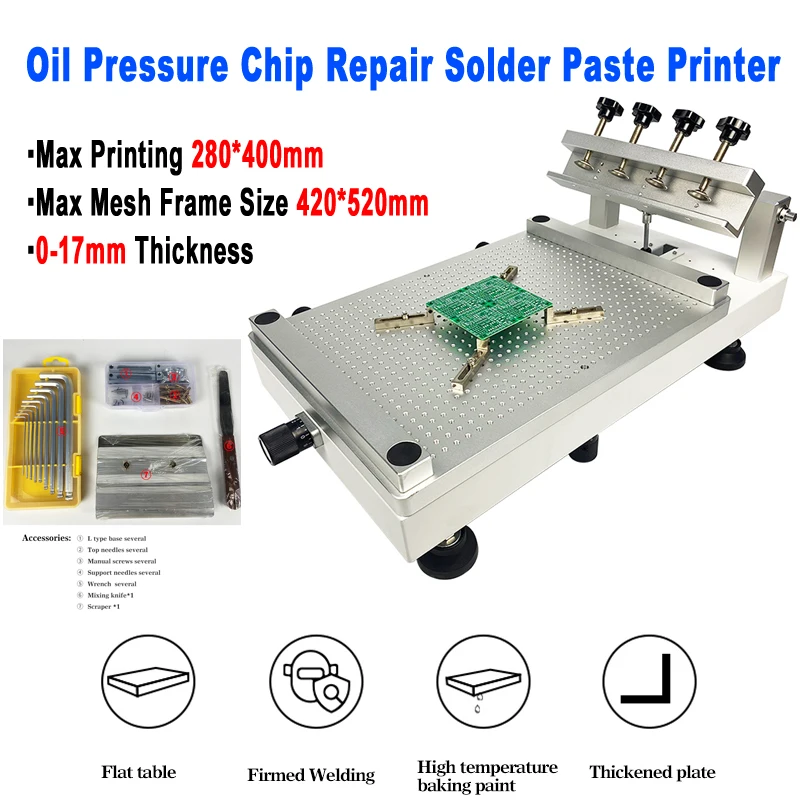 LY Oil Pressure Chip Repair Solder Paste Printer Manual Silkscreen Printer Red Glue Printing Platform Max Print Size 280*400mm 
LY Oil Pressure Chip Repair Solder Paste Printer Manual Silkscreen Printer Red Glue Printing Platform Max Print Size 280*400mm