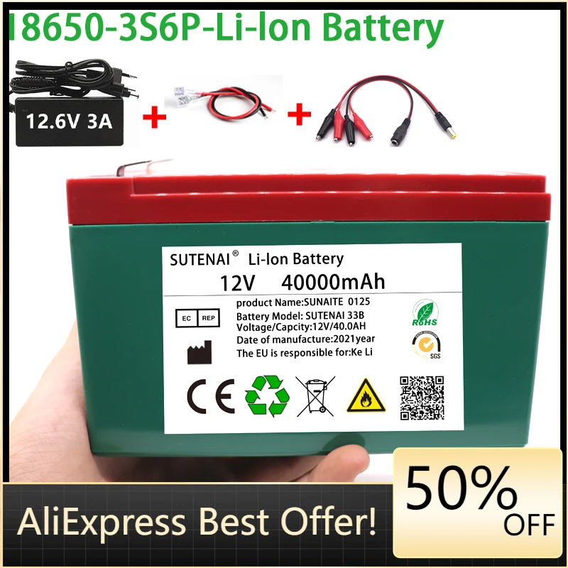 NEW 12V 40Ah 18650 lithium battery pack 3S6P built-in high current 30A Solar street lamp, xenon lamp, backup power supply, LED
NEW 12V 40Ah 18650 lithium battery pack 3S6P built-in high current 30A Solar street lamp, xenon lamp, backup power supply, LED