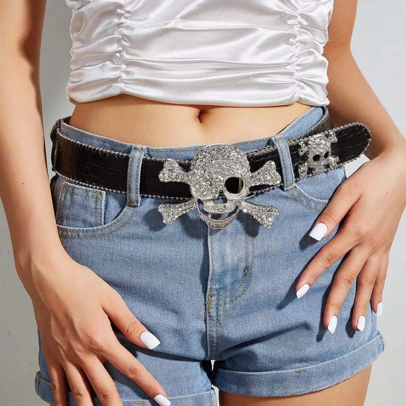 

New Rhinestone Skeleton Head Buckle Belt Punk Skull Belt Embellished Waistband Sparkling Decoration Women Halloween Accessories