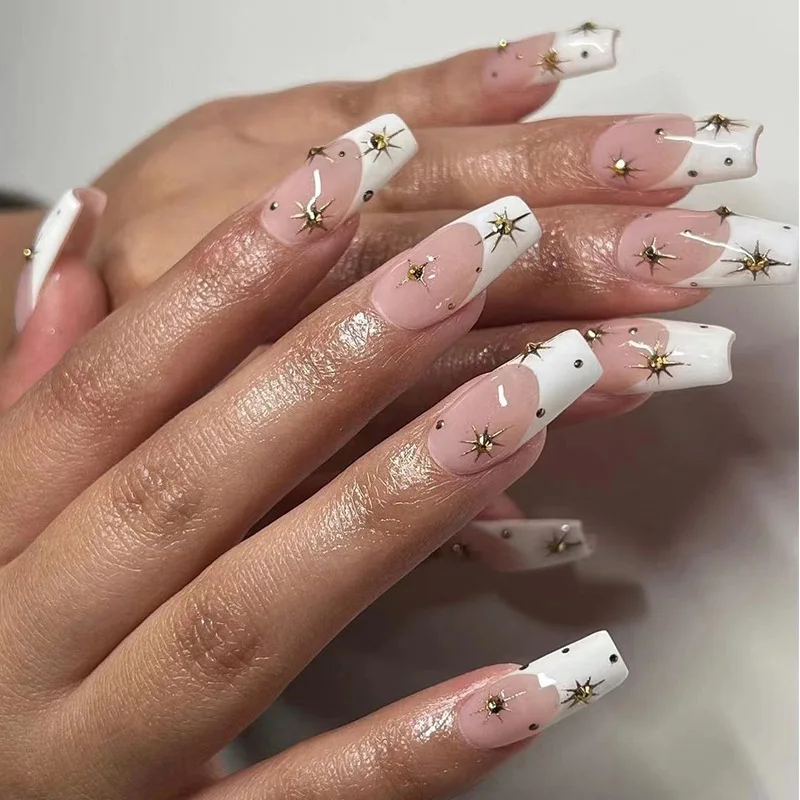 24Pcs False Nails French White Edge Rhinestone Star Fake Nail Tips Full Cover Acrylic For Girls Fingernails
24Pcs False Nails French White Edge Rhinestone Star Fake Nail Tips Full Cover Acrylic For Girls Fingernails