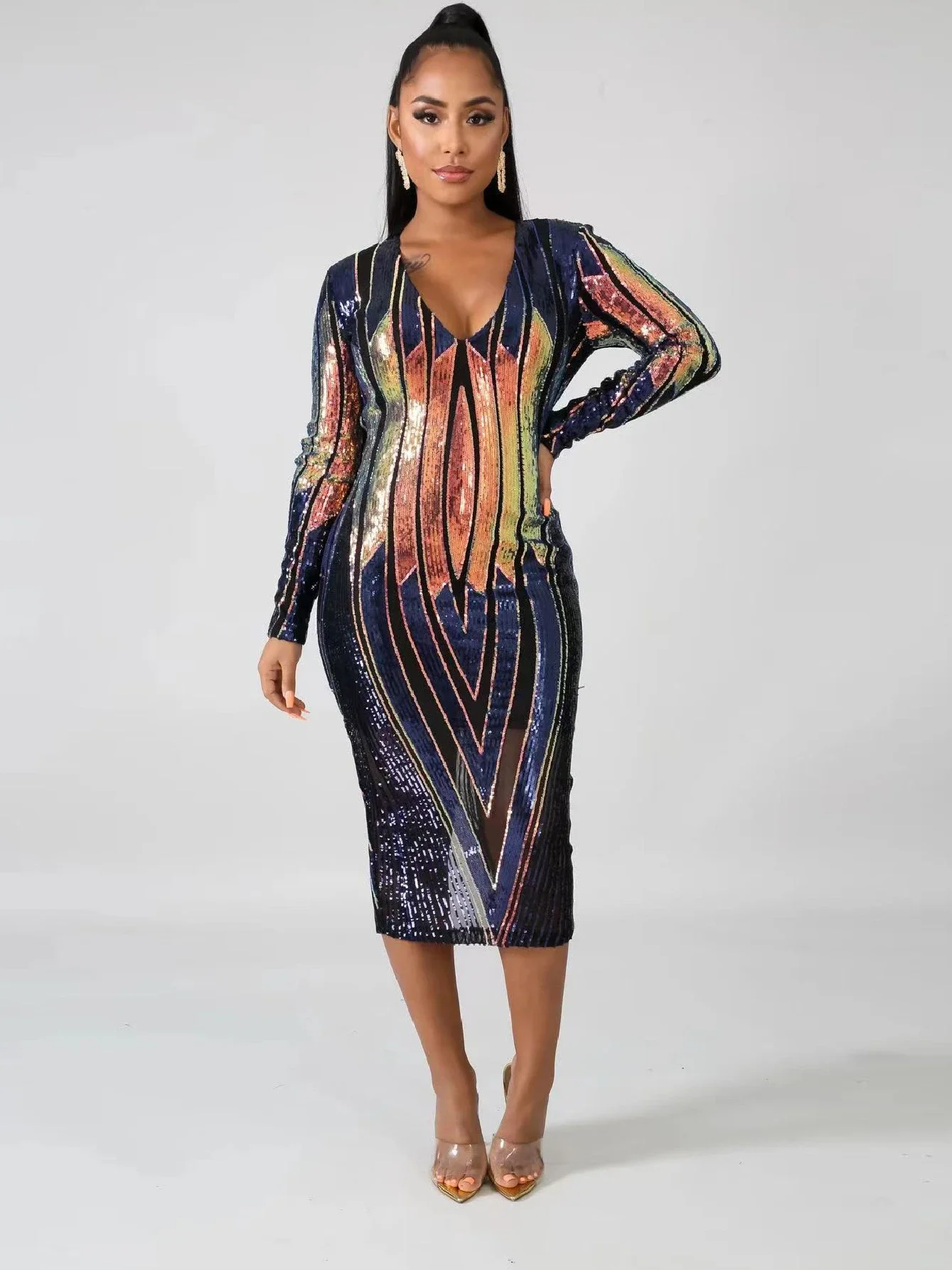 Long Sleeve Sequined Wave Striped V-neck Bodycon Midi Birthday Autumn Sexy Evening Women Sexy Party Wedding Night Prom Dresses
Long Sleeve Sequined Wave Striped V-neck Bodycon Midi Birthday Autumn Sexy Evening Women Sexy Party Wedding Night Prom Dresses