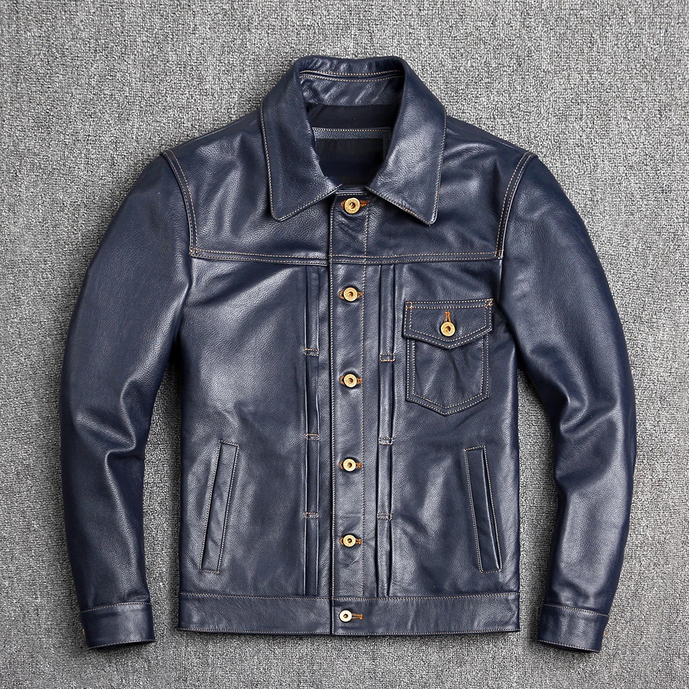 New Blue Men's Cowboy Leather Jacket Genuine Quality Cowhide Short Coat Slim Lapel Work Clothes Natural Calf Skin Jackets
New Blue Men's Cowboy Leather Jacket Genuine Quality Cowhide Short Coat Slim Lapel Work Clothes Natural Calf Skin Jackets