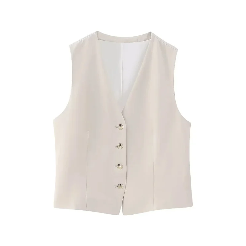 

TRAF 2023 Slits V-neckline Vest Summer fashion Back Slit At Hem Sleeveless Vest Comfortable Front Button Closure Beige Vest