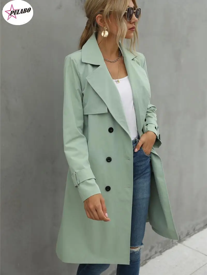 

Fashion Women Casual Solid Color Coat Adults Autumn Elagant Fashion Long Sleeve Lapel NeckDouble Breasted Belted Trench Coat