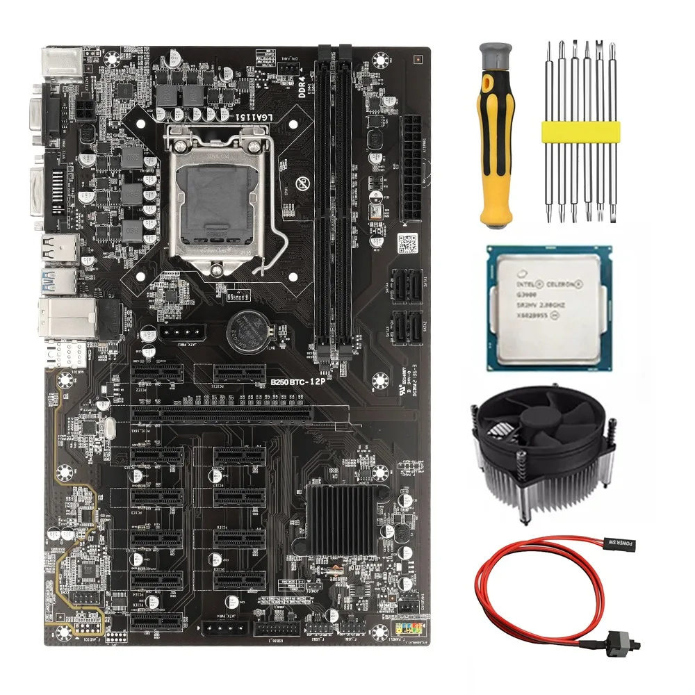 B250 BTC Mining Motherboard G3900 CPU+Fan+Switch Cable+Screwdriver 12 PCIE Graphics Card Slot LGA1151 DDR4 DIMM SATA3.0
B250 BTC Mining Motherboard G3900 CPU+Fan+Switch Cable+Screwdriver 12 PCIE Graphics Card Slot LGA1151 DDR4 DIMM SATA3.0