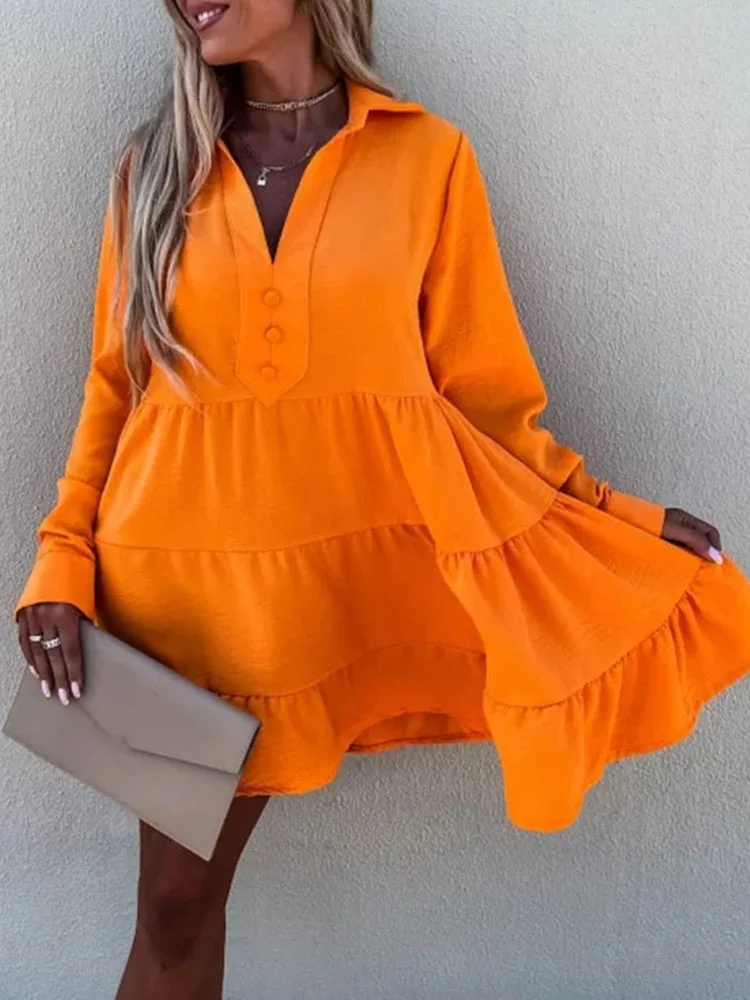 Женское платье-рубашка на пуговицах, с отложным воротником и длинным рукавом 
Женское платье-рубашка на пуговицах, с отложным воротником и длинным рукавом