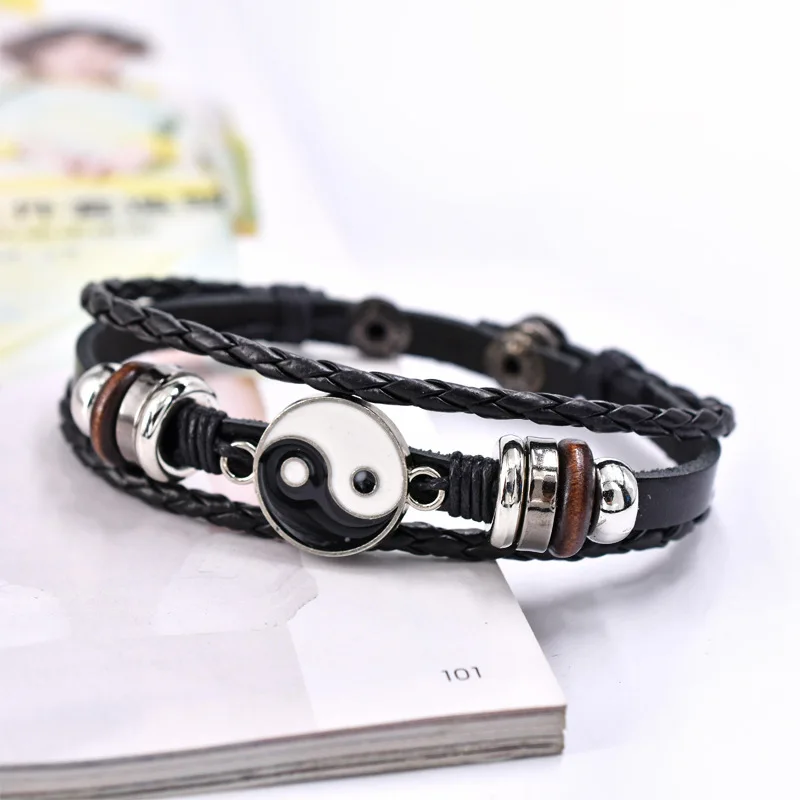 

Yin Yang Tai Chi Punk Leather Bracelets for Women Jewelry Vintage Multilayer Weave Beaded Snap Button Bracelet Bangles for Men