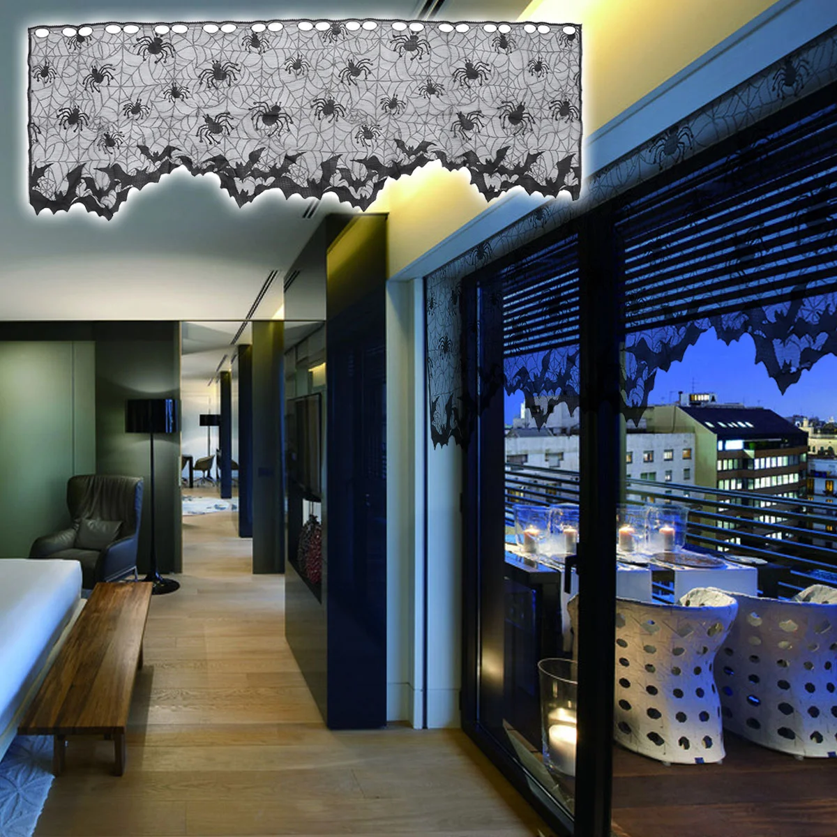 

Curtain Window Lace Curtains Spider Black Fireplace Door Decor Cloth Spiderweb Kitchen Bats Scarf Panel Web Spooky Decoration