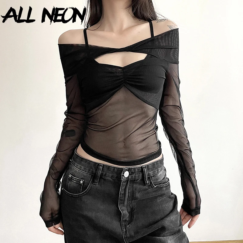 

ALLNeon Mall Gothic Black Mesh Long Sleeve T-Shirt Women Hot Clubwear Rave Blouse Sexy Slash Neck See Through Crop Tops Y2K New