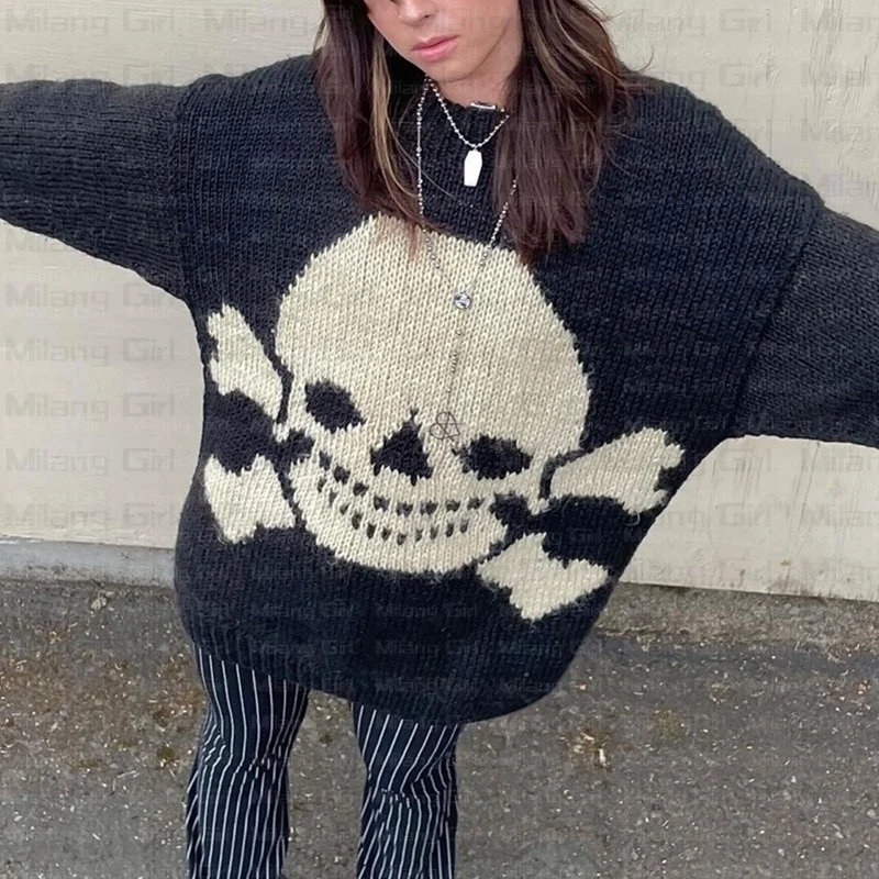 Gothic Skull Printing Sweater Women Black Long Sleeve Punk Clothes Fairy Grunge Round Neck Knitwear 2000s E-Girl Pullovers 
Gothic Skull Printing Sweater Women Black Long Sleeve Punk Clothes Fairy Grunge Round Neck Knitwear 2000s E-Girl Pullovers