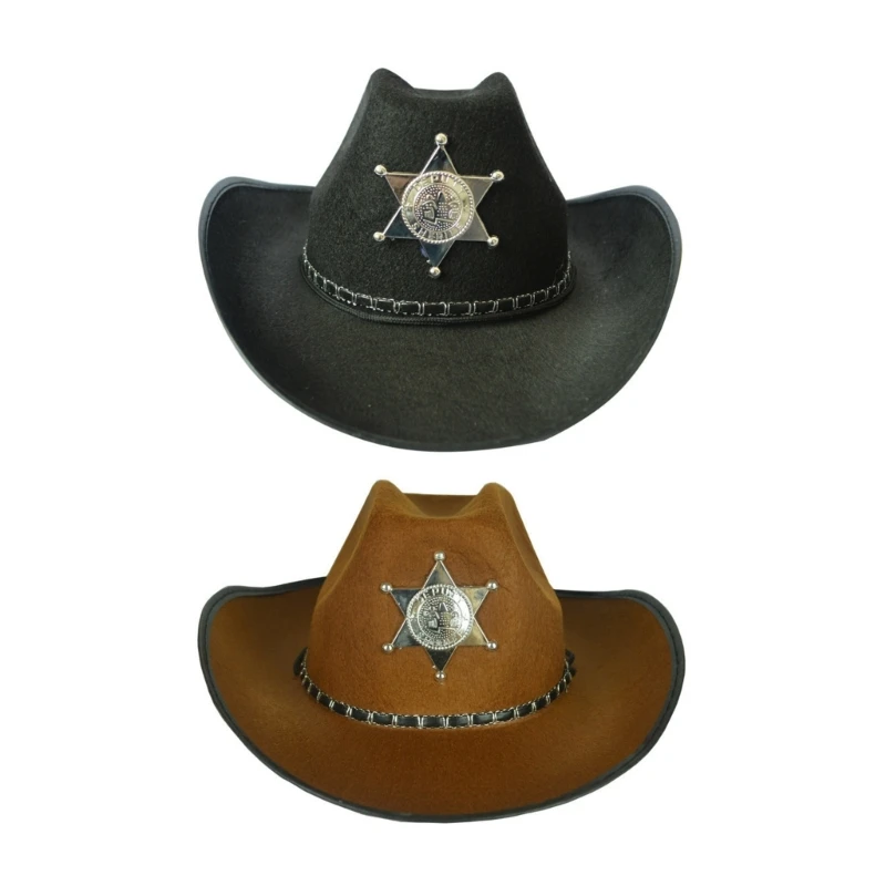 

Woman Star Badge Cowgirl Hat with Adjustable Chin Rope Wide Brim Teens Western Cowboy Hat for Photoshoots Supplies F3MD