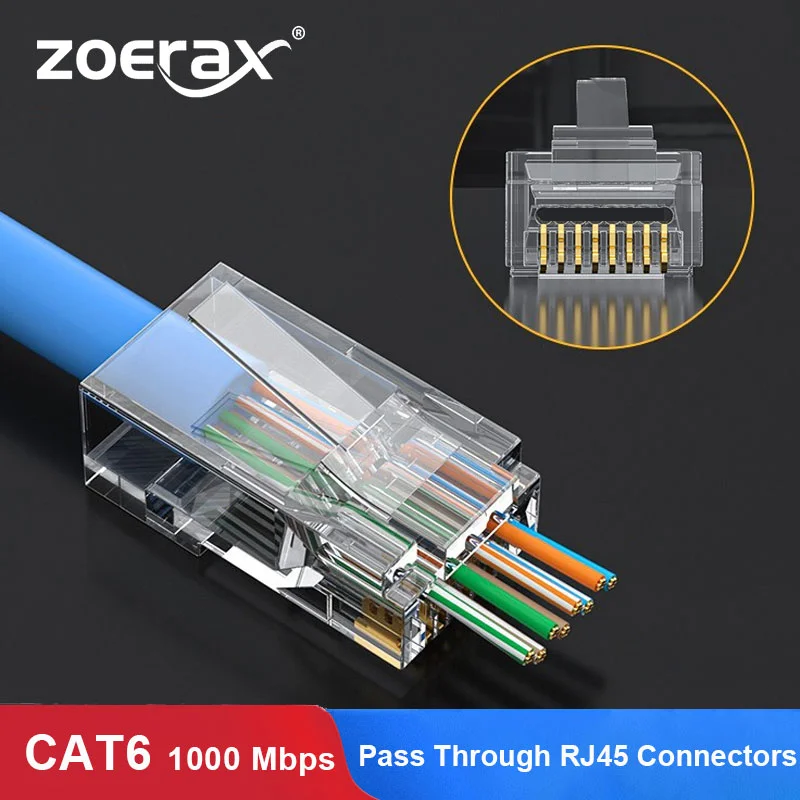

ZoeRax 100 шт. RJ45 CAT6 проходные Разъемы-15 МК позолоченный 8P8C модульный сетевой разъем Ethernet для Cat6 Cat5e