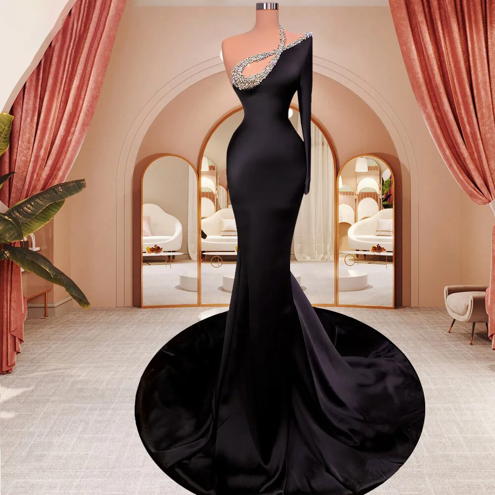 Long Evening Dress One Shoulder Sexy Balck Crystal Sweep Train Satin Mermaid Fashion Luxury Vestido De Noche Prom Gown Custom
Long Evening Dress One Shoulder Sexy Balck Crystal Sweep Train Satin Mermaid Fashion Luxury Vestido De Noche Prom Gown Custom