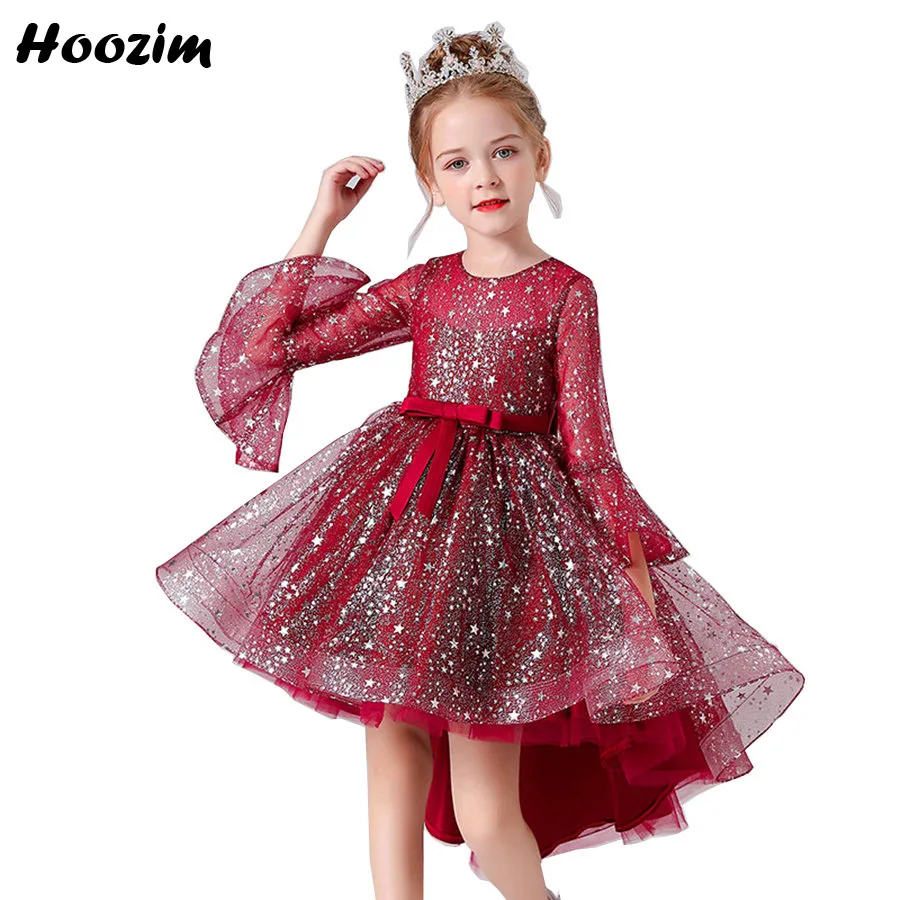 

Burgundy Shiny Star Tulle Gala And Wedding Asymmetrical Dress Girls 4 To 13 Years See Through Long Flare Sleeve Evening Dresses