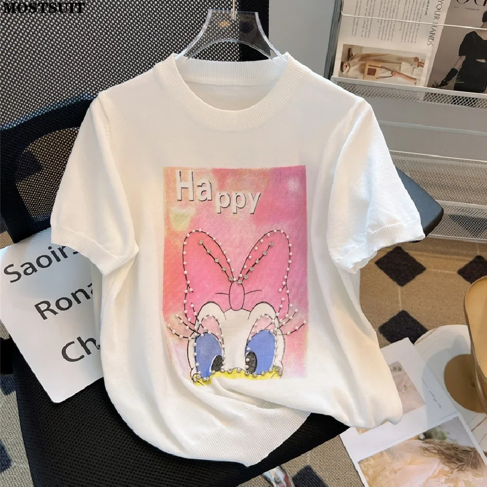 Белая трикотажная футболка с мультяшным принтом, свитер, повседневные Модные свободные футболки с бриллиантами и бисером, топы, трикотажные джемперы с коротким рукавом
Белая трикотажная футболка с мультяшным принтом, свитер, повседневные Модные свободные футболки с бриллиантами и бисером, топы, трикотажные джемперы с коротким рукавом