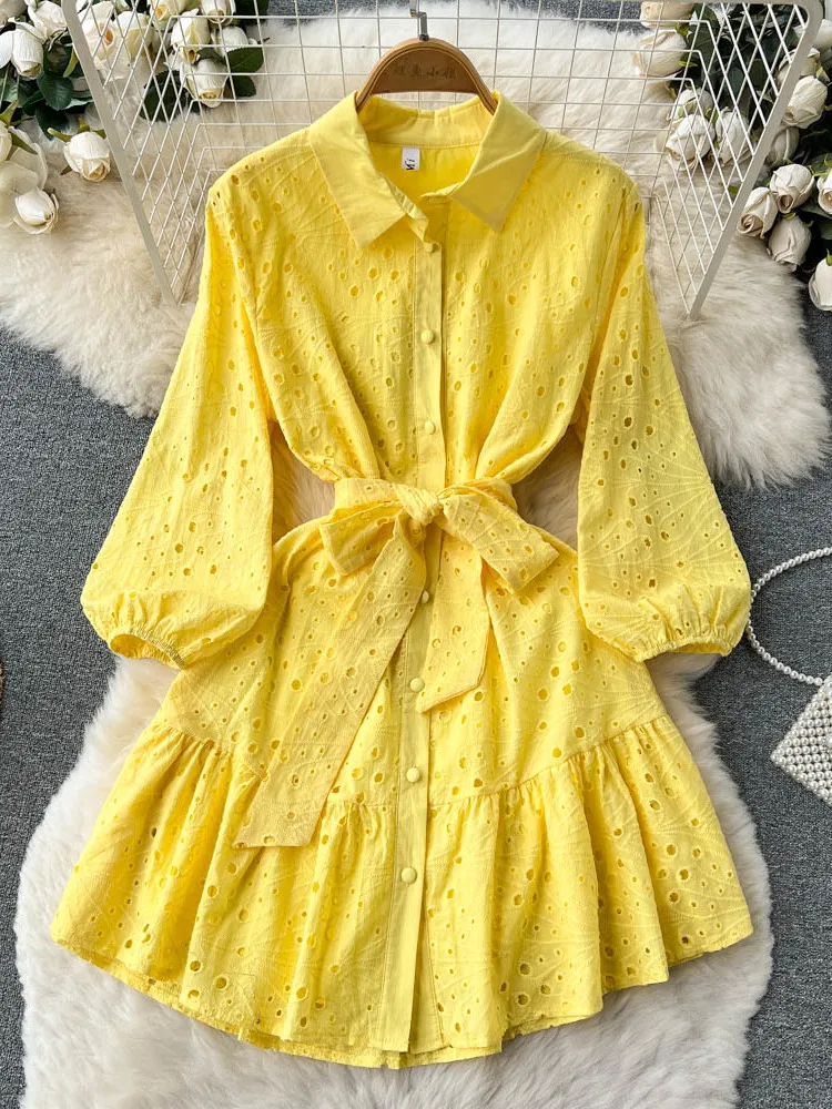 Foamlina Fashion Elegant Women Dress Turn down Collar Three Quarter Sleeve Single Breasted Sash Tie-up A-line Female Short Dress
Foamlina Fashion Elegant Women Dress Turn down Collar Three Quarter Sleeve Single Breasted Sash Tie-up A-line Female Short Dress