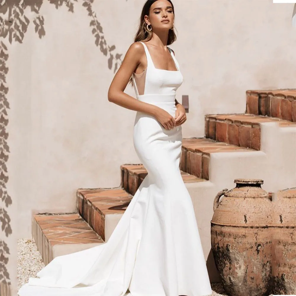 On Zhu Backless Square Collar Satin Mermaid Wedding Dress Sexy White Spaghetti Straps Chic Boho Bridal Gowns vestidos de novia
On Zhu Backless Square Collar Satin Mermaid Wedding Dress Sexy White Spaghetti Straps Chic Boho Bridal Gowns vestidos de novia