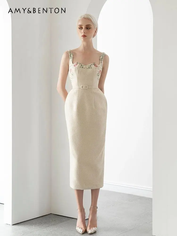 Temperament Camisole Embroidered Flower Linen Dress Women's Summer Party Tight Waist Bottoming Dress Mid-Length Pencil Dress
Temperament Camisole Embroidered Flower Linen Dress Women's Summer Party Tight Waist Bottoming Dress Mid-Length Pencil Dress
