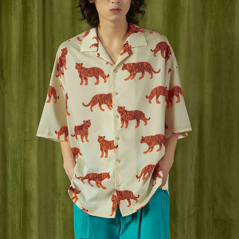

Tiger Full Print Animal Beach Style Loose Button Up Shirt Men Women Shirts Cuban Collar 2022 Summer Short Sleeve Hawaiian Shirts