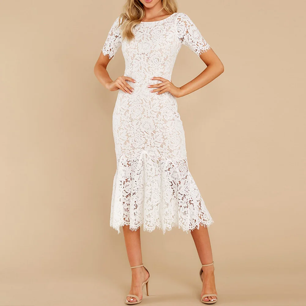 Fashion Women Lace Dress Mermaid Elegant Plain Black White Hollow Floral Fashion Short Sleeve Summer Casual Female Midi Dress
Fashion Women Lace Dress Mermaid Elegant Plain Black White Hollow Floral Fashion Short Sleeve Summer Casual Female Midi Dress