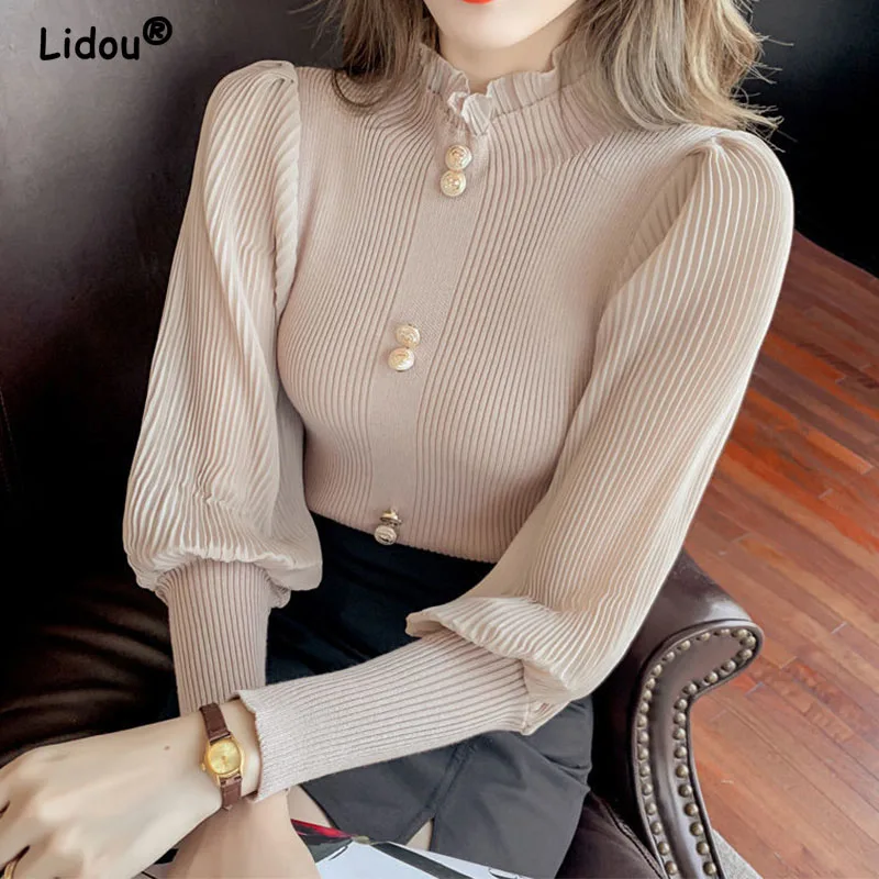 Autumn Ruffled Button Knitted Splicing Chiffon Pullovers for Women Long Sleeve Elegant Fashionr Lantern Sleeve Bottoming Shirt
Autumn Ruffled Button Knitted Splicing Chiffon Pullovers for Women Long Sleeve Elegant Fashionr Lantern Sleeve Bottoming Shirt