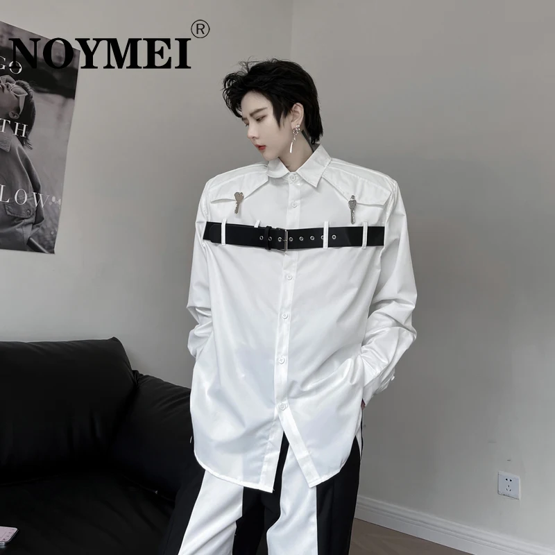 NOYMEI Loose Men's Long Sleeve Shirt Key Belt Chain Decoration Lapel Contrast Color Fashion Korean Loose Male Top Autumn WA2270 
NOYMEI Loose Men's Long Sleeve Shirt Key Belt Chain Decoration Lapel Contrast Color Fashion Korean Loose Male Top Autumn WA2270