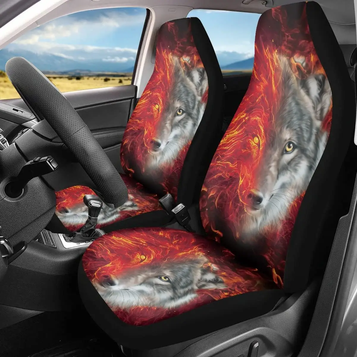 

Fire Cool Flame Wolf Print Car Seat Cover Front Seats for Men Women Universal Fit for Most VehicleSet of 2 Car Seat Covers