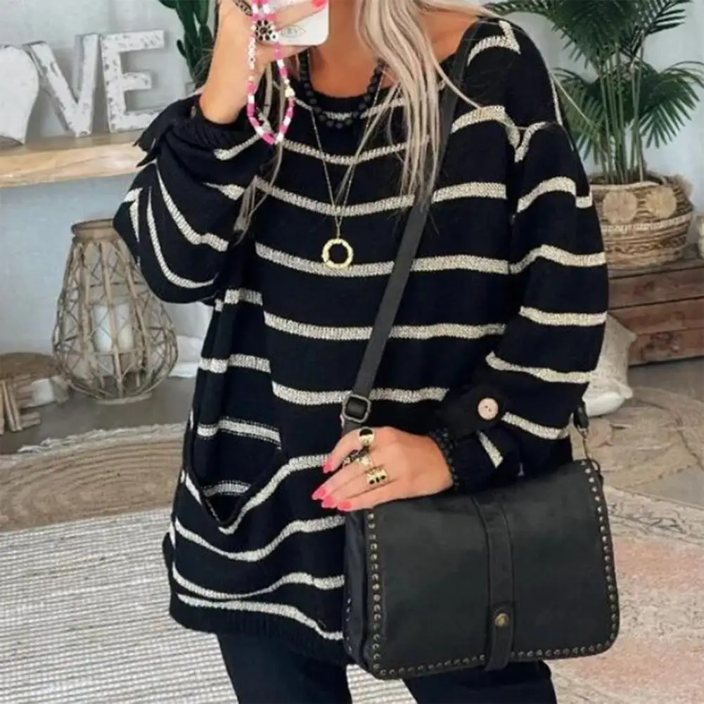 Women Sweater Versatile Striped Sweater Buttons Cuffs Women Striped Patchwork Pattern Loose Sweater Jumper Coldproof
Women Sweater Versatile Striped Sweater Buttons Cuffs Women Striped Patchwork Pattern Loose Sweater Jumper Coldproof
