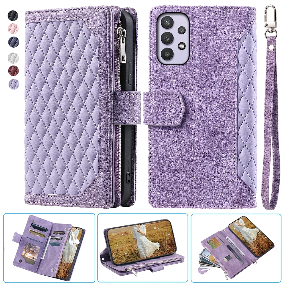 

For Samsung A32 5G Fashion Small Fragrance Zipper Wallet Leather Case Flip Cover Multi Card Slots Cover Folio with Wrist Strap