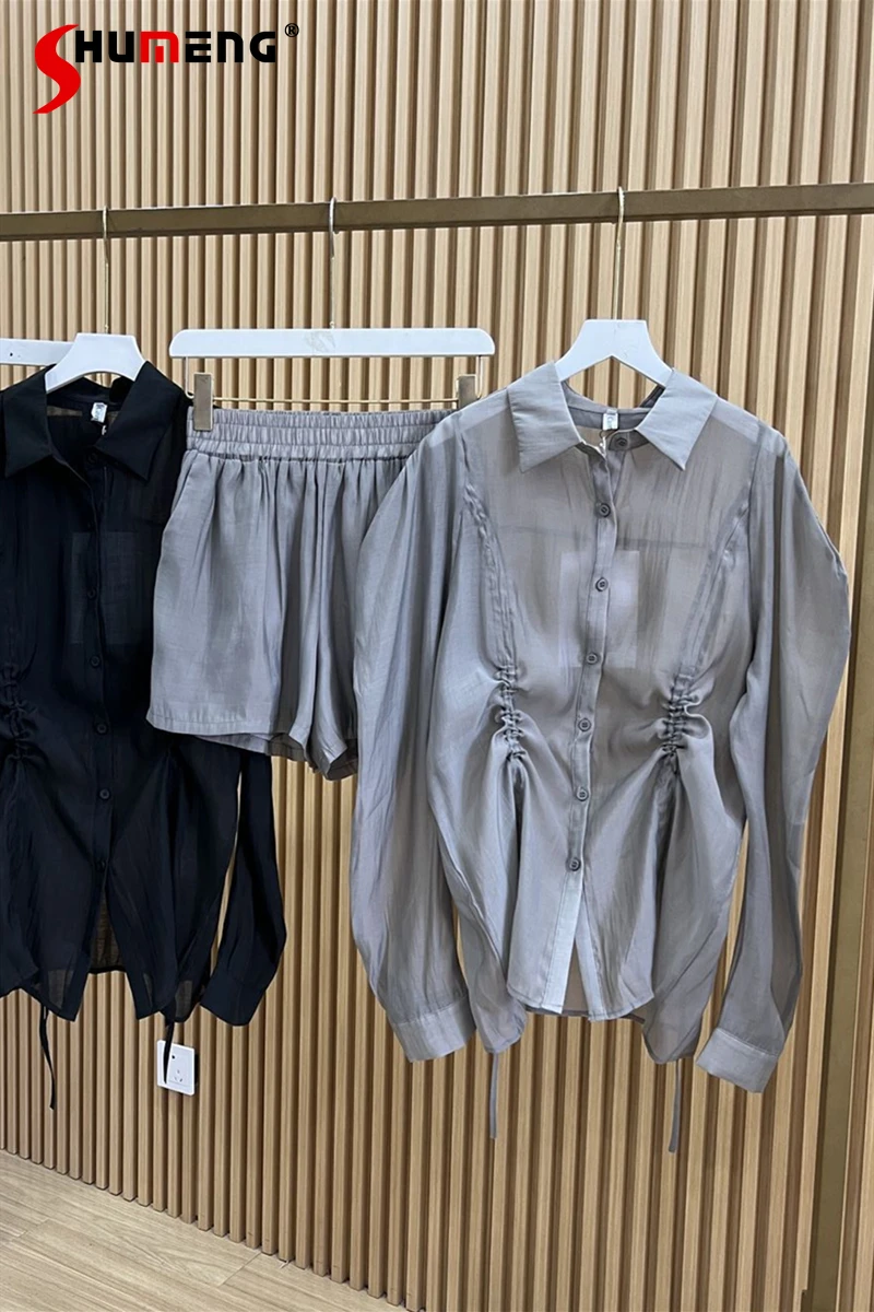 Summer New Korean Style Drawstring Puff Sleeve Shirt Women's Solid Color Tops Loose Short Pants Elastic Shorts Two Piece Suit
Summer New Korean Style Drawstring Puff Sleeve Shirt Women's Solid Color Tops Loose Short Pants Elastic Shorts Two Piece Suit