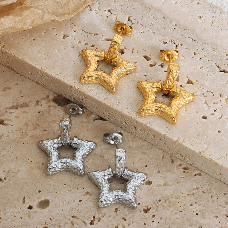 

Amaiyllis 18k Gold Minimalist Cutout Geometric Star Earrings Niche Unique Polka Dot Texture Pentagram Drop Earrings Jewelry