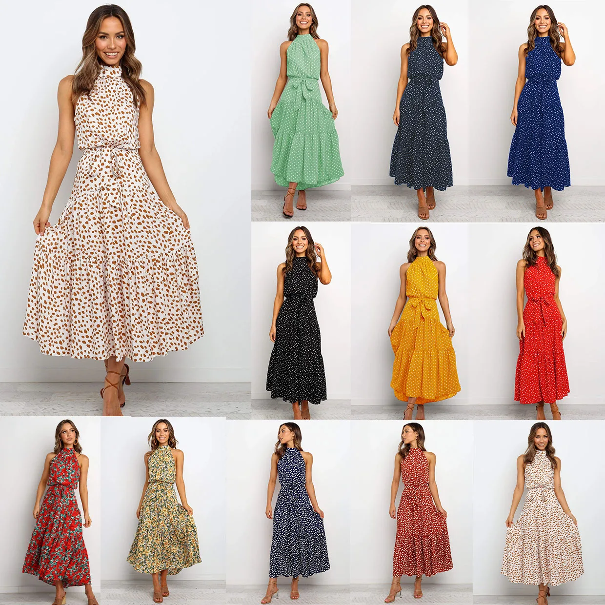 Summer Maxi Dress Halter Neck Polka Dot Printed Women 2022 Dress Big Hem Sleeveless Belt Multicolor Printing Fashion Dresses
Summer Maxi Dress Halter Neck Polka Dot Printed Women 2022 Dress Big Hem Sleeveless Belt Multicolor Printing Fashion Dresses