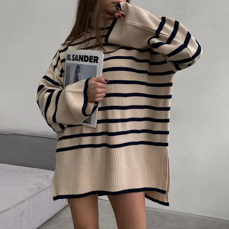 Striped Split Turtleneck Women Sweater Long Flare Sleeve Knitted Oversized Autumn Winter Female Pullover Fashion Long Sleeve Top
Striped Split Turtleneck Women Sweater Long Flare Sleeve Knitted Oversized Autumn Winter Female Pullover Fashion Long Sleeve Top