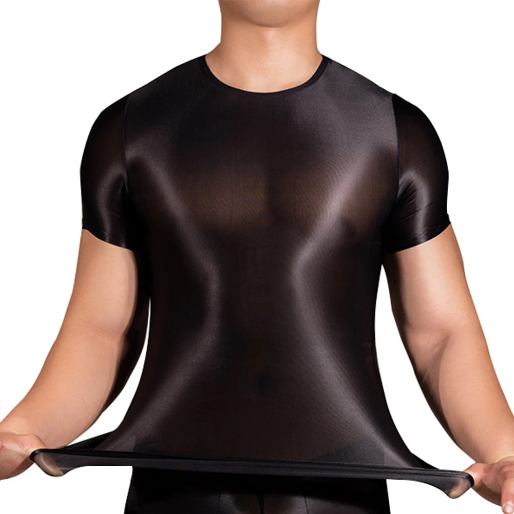Mens Oil Shiny Glossy Short Sleeve T-Shirt Nightwear Sexy Sheer See Through Clubwear Tops Solid Color Tight Transparent Garment
Mens Oil Shiny Glossy Short Sleeve T-Shirt Nightwear Sexy Sheer See Through Clubwear Tops Solid Color Tight Transparent Garment
