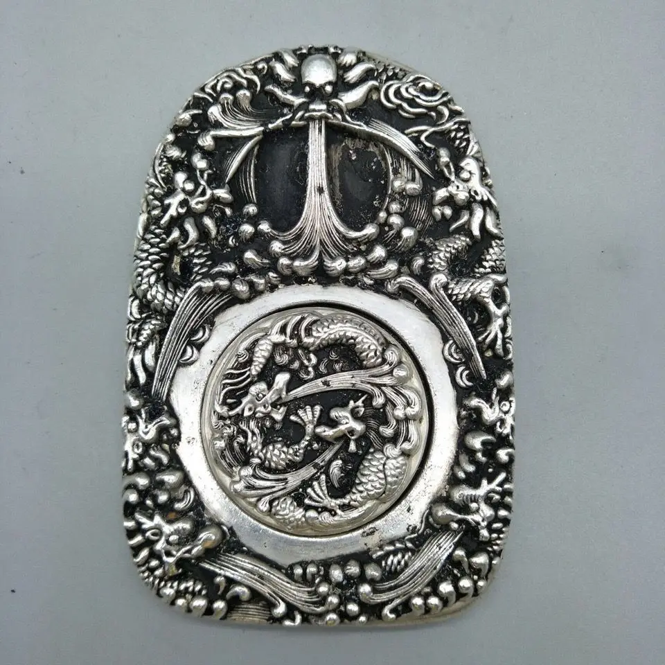

White Bronze Ancient Collection Nine Dragons Flying Together with Cover Inkstone, Four Treasures of Study, Calligraphy Tool