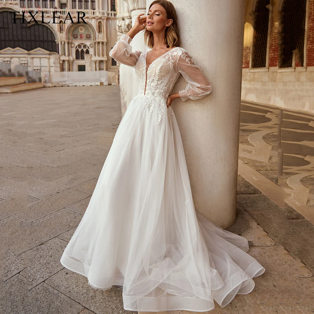 Tilxlear Classic A-Line Wedding Dress Tulle Appliques V-Neck Illusion Long Sleeves Button Bridal Gown 2023 Vestido De Noiva
Tilxlear Classic A-Line Wedding Dress Tulle Appliques V-Neck Illusion Long Sleeves Button Bridal Gown 2023 Vestido De Noiva