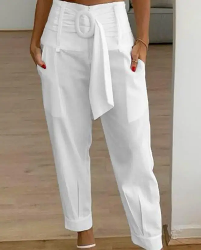 

2023 Summer New Fashion Women's Pants Elegant Tropical Print Belted Cuffed High Waist Pants Female Trouser Casual Bottom