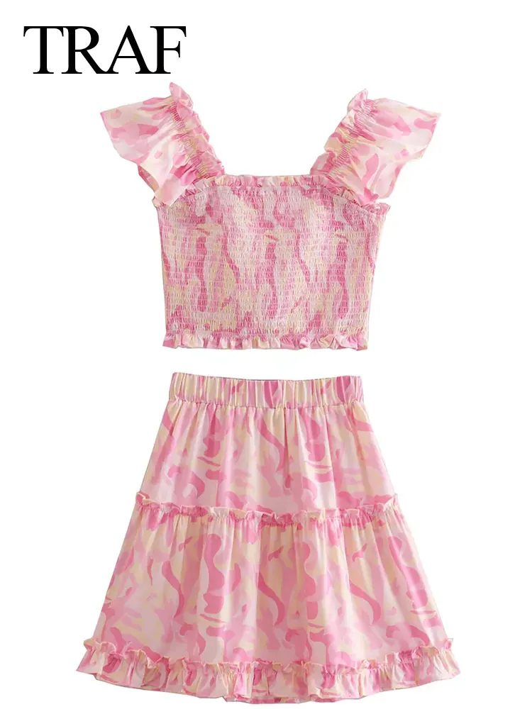 TRAF Summer New Sweet Pink Print Lady Suit Ruffled Straps Square Neck Short Tank Top Elastic Waist Mini Women Short Skirt
TRAF Summer New Sweet Pink Print Lady Suit Ruffled Straps Square Neck Short Tank Top Elastic Waist Mini Women Short Skirt