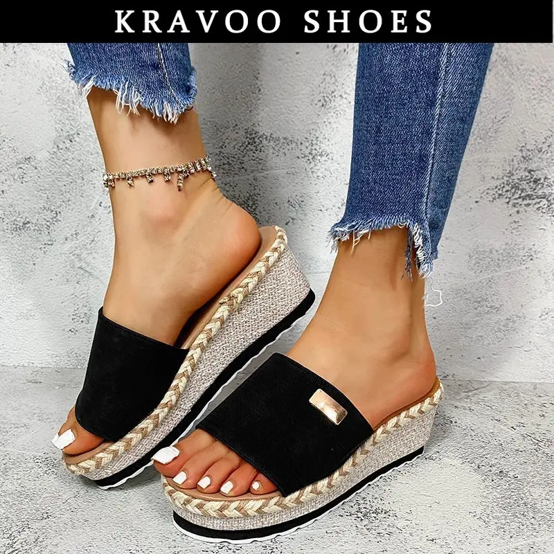 

KRAVOO Wedges Women Shoes Platform Casual Slippers Women's Sandals Braided Detail Linen Women's Slipper Outdoor Peep Toe 2023