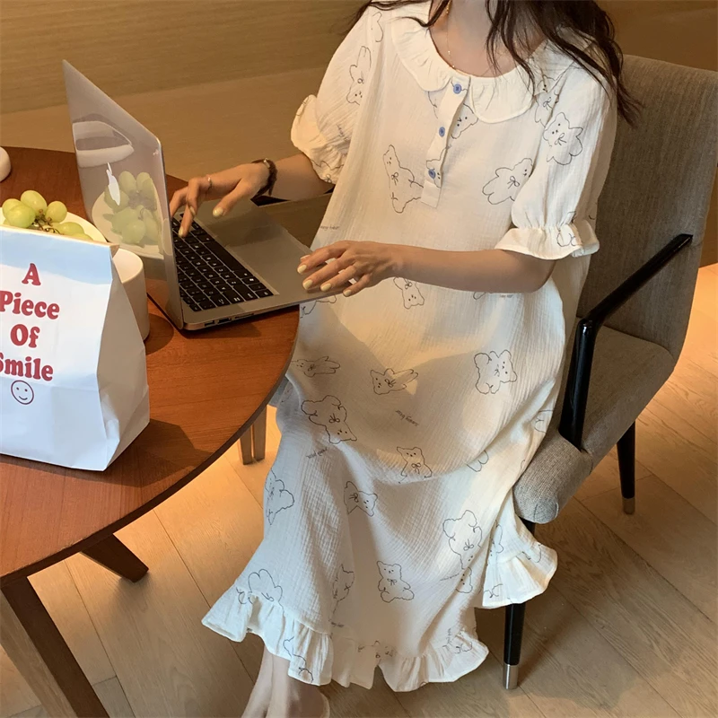 Cartoon Bear Print Summer Nightgown Women O-Neck Short Sleeve Cotton Long Sleepwear Ruffles Casual Night Dress Korean
Cartoon Bear Print Summer Nightgown Women O-Neck Short Sleeve Cotton Long Sleepwear Ruffles Casual Night Dress Korean