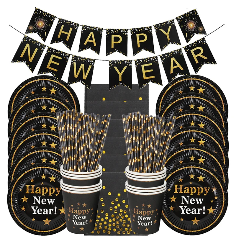 69pcs New Year Eve Party Decorations Gold Black Happy New Year Banner Cups Plates 2023 New Year Party Disposable Tableware Sets
69pcs New Year Eve Party Decorations Gold Black Happy New Year Banner Cups Plates 2023 New Year Party Disposable Tableware Sets