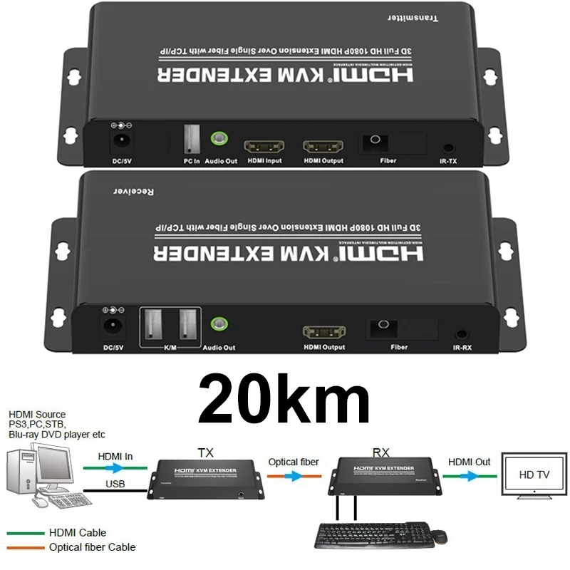 HDMI KVM Optical Fiber Cable Extender 20KM TCP/IP Transmitter Receiver Support USB Keyboard Mouse Control HDMI Loop 1080P 3D IR
HDMI KVM Optical Fiber Cable Extender 20KM TCP/IP Transmitter Receiver Support USB Keyboard Mouse Control HDMI Loop 1080P 3D IR