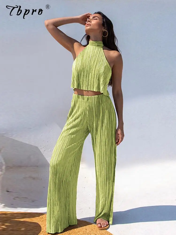 Women Elegant Pleated 2 Piece Sets Sleeveless Backless Tank Tops And Split Trouser Suits Summer Female Sexy Casual Loose Outfits
Women Elegant Pleated 2 Piece Sets Sleeveless Backless Tank Tops And Split Trouser Suits Summer Female Sexy Casual Loose Outfits