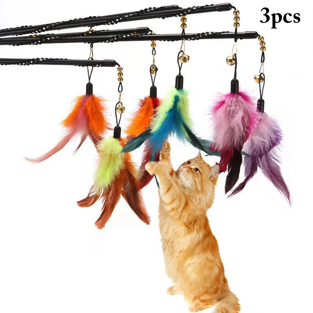 

3Pcs/Lot Cat Toy Feather Wand Kitten Cat Teaser Turkey Feather With Bell Interactive Stick Toy Wire Chaser Wand Toy Random Color