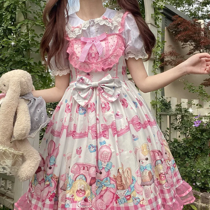 

Kawaii Lolita Princess Style JSK Lovely Dress Square Collar Bow Rabbit Printing Ruffle Sleeveless Sweet Camisole Dress