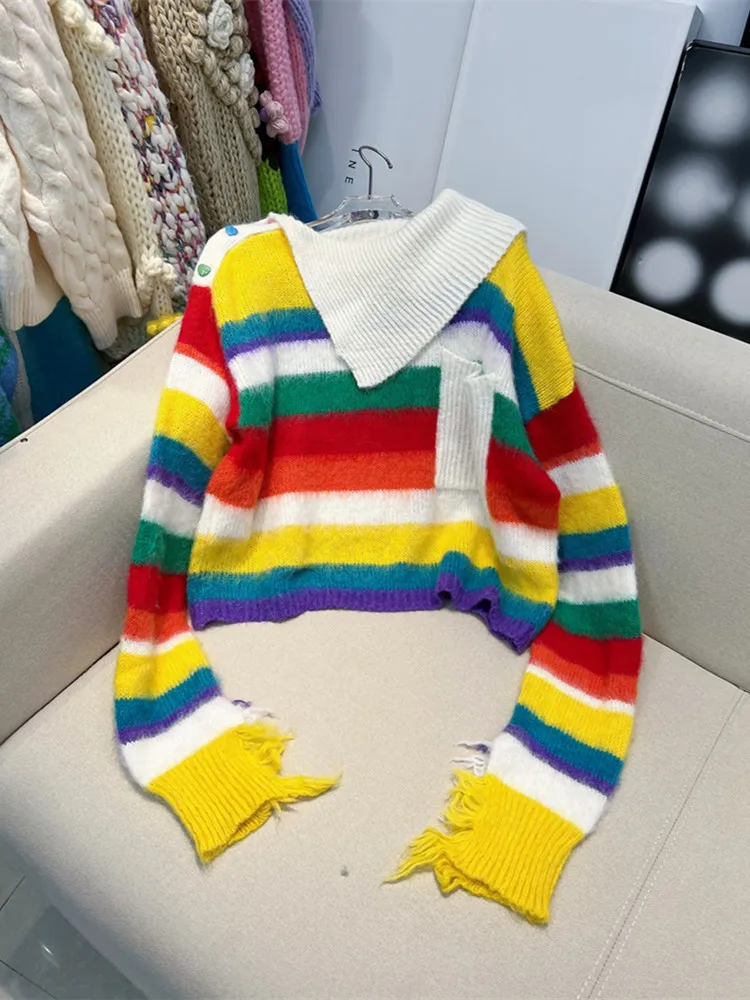 Mohair Sweater Women's Autumn and Winter New Loose Rainbow Striped Idle Style Irregular Tassel Sweaters Outwear Woman Knitwear
Mohair Sweater Women's Autumn and Winter New Loose Rainbow Striped Idle Style Irregular Tassel Sweaters Outwear Woman Knitwear