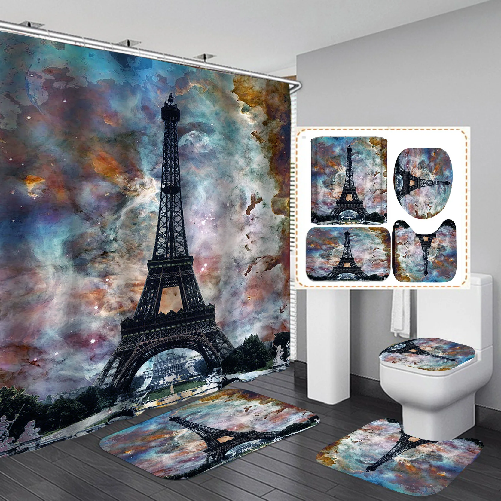 Paris Eiffel Tower Curtain Waterproof Flowers Bath Mat Toilet Lid Cover Flannel Bathroom Carpet 4 Piece Set
Paris Eiffel Tower Curtain Waterproof Flowers Bath Mat Toilet Lid Cover Flannel Bathroom Carpet 4 Piece Set